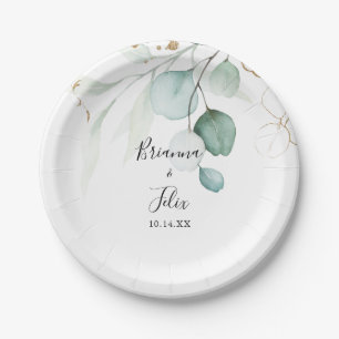 Prato De Papel Bolo de Casamento Eucalyptus Calliografia Dourado