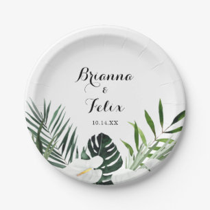 Prato De Papel Bolo de Casamento Floral Branco-Verde Tropical
