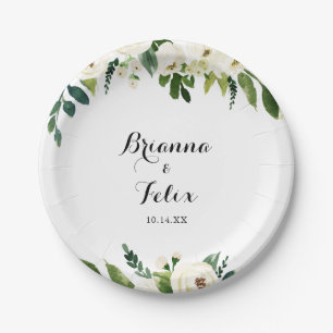 Prato De Papel Bolo de Casamento Floral de outono Verde Branco