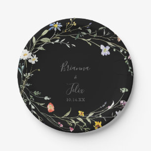Prato De Papel Bolo de Casamento Preto Floral Multicolor Selvagem