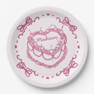 Prato De Papel Bolo de Cereja Coquette Coração Retro Rosa Persona
