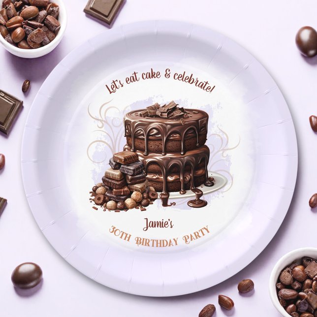 Prato De Papel Bolo de Chocolate - Festa de aniversário de 30 ano (Chocolate Cake Purple Brown 30th Birthday Party Paper Plates)