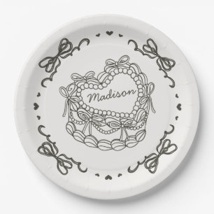 Prato De Papel Bolo de coquete do coração retrô do Arco bege pers