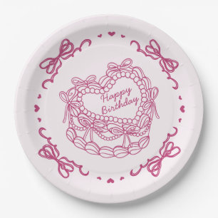 Prato De Papel Bolo de Coquetel Retro Coração com Arco Rosa, Aniv