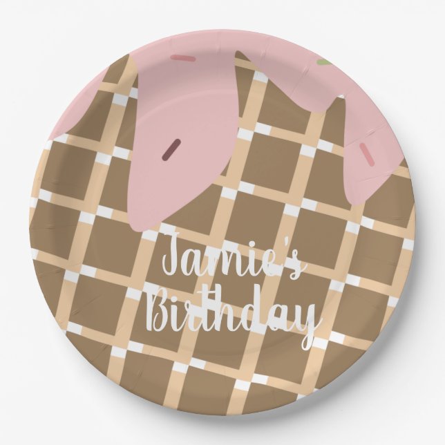 Prato De Papel Bolo De Sorvete Com Cobertura De Aniversário Waffl (Frente)