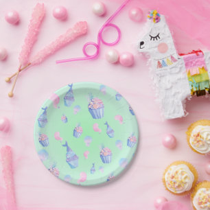 Prato De Papel Bolo de xícara doce e sereia Feliz Aniversário