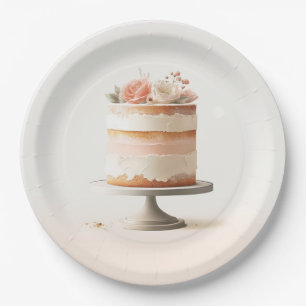 Prato De Papel Bolo Floral Elegante Bege Rosa Bridal Shower 