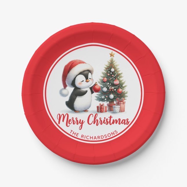 Prato De Papel Bom Natal para o Pinguim Vermelho Branco (Frente)