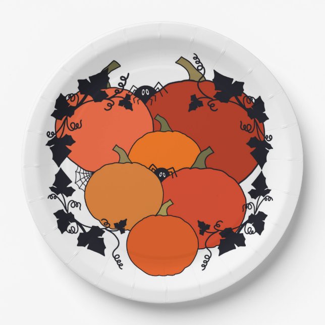 Prato De Papel Bombas de outono e folhas com aranhas. (Frente)