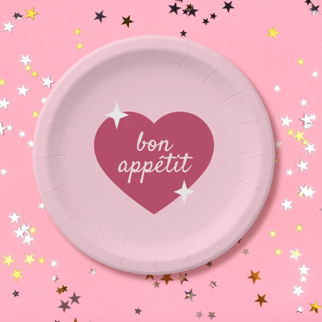 Prato De Papel Bon Appetit Pink Galentines Day Party Paper Plate (cute pink retro galentines day party bon appetit plate )