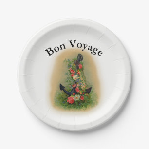 Prato De Papel Bon voyage com âncora e flores