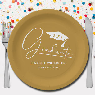 Prato De Papel Boné de formatura de Script Branco Dourado