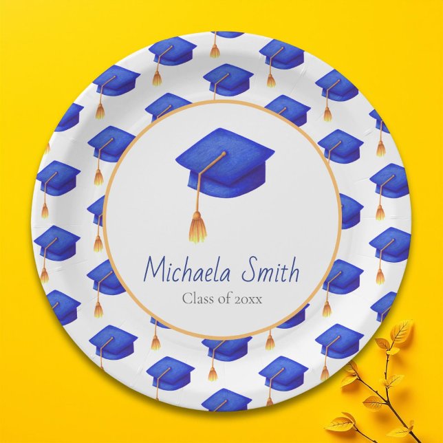 Prato De Papel Boné de formatura Real Azul Personalizado Padrão (Royal Blue Graduation Cap Patterned Personalized Paper Plate)