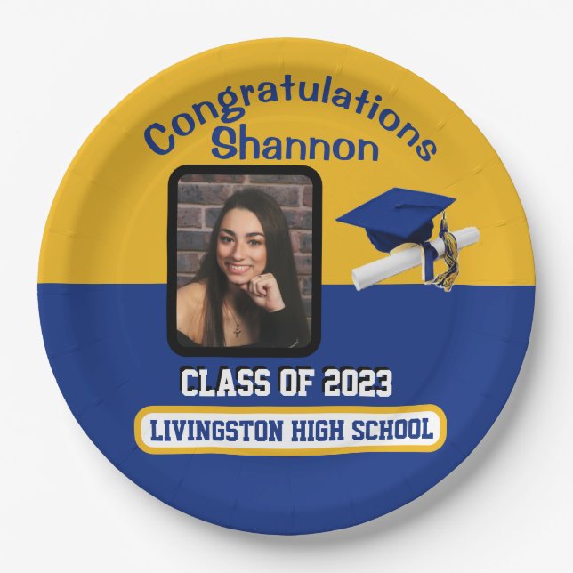 Prato De Papel Boné e Diploma, Graduação Real Azul e Dourada (Frente)