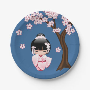 Prato De Papel Boneca branca de Kokeshi do quimono - menina de