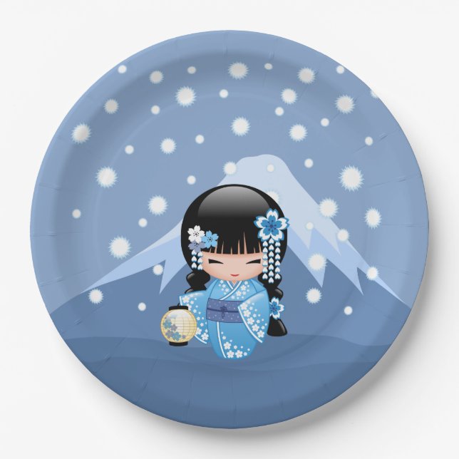 Prato De Papel Boneca de inverno Kokeshi - Garota Geisha Blue Mou (Frente)