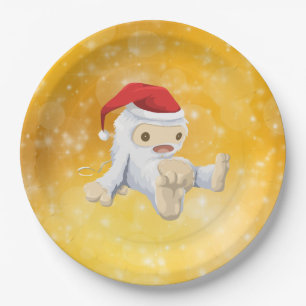 Prato De Papel Boneca de Natal Yeti no fundo do Dourado Bokeh