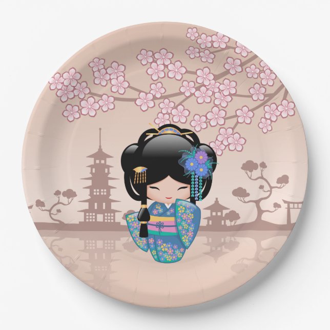 Prato De Papel Boneca Keiko Kokeshi - Rapariga Kimono Geisha Azul (Frente)