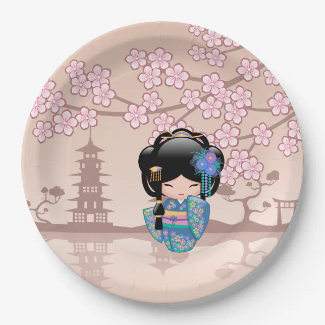 Prato De Papel Boneca Keiko Kokeshi - Rapariga Kimono Geisha Azul