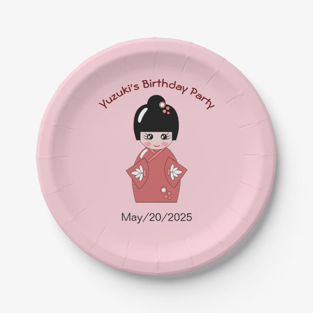 Prato De Papel Boneca Kokeshi - aniversário personalizado (Frente)