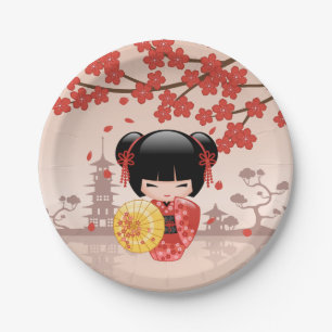 Prato De Papel Boneca vermelha de Sakura Kokeshi - gueixa