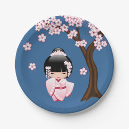 Prato De Papel Boneca White Kimono Kokeshi - Garota Gisha Bonita