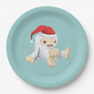 Prato De Papel Boneca Yeti Natal Vestindo um Chapéu Santa