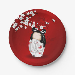 Prato De Papel Bonecas Kokeshi Red Black White Cherry Blossoms