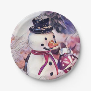 Prato De Papel Boneco de Neve Antigo em um Desenho de Neve