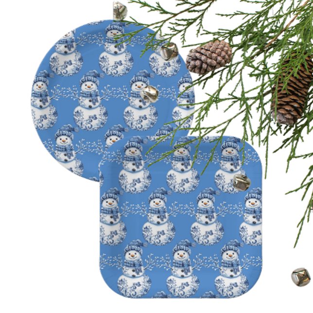 Prato De Papel Boneco de Neve Azul Alegre Branco Feliz  (Jolly snowman paper party plates!)