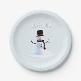 Prato De Papel Boneco de neve com chapéu e cachecol. Eu Amo Neve