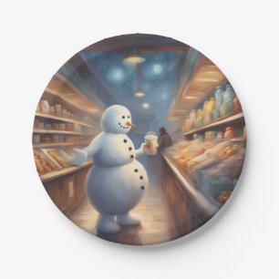 Prato De Papel Boneco de neve de inverno fazendo compras com café