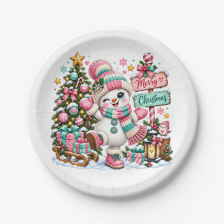 Prato De Papel Boneco de Neve de Natal Rosa Fofo