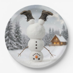 Prato De Papel Boneco de Neve Divertido Fazendo um Pino