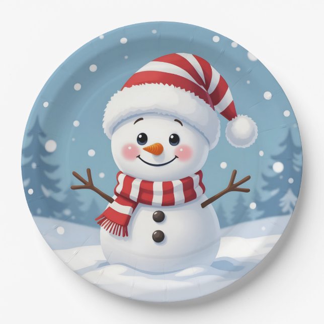 Prato De Papel Boneco de neve fofo com cachecol e chapéu (Frente)