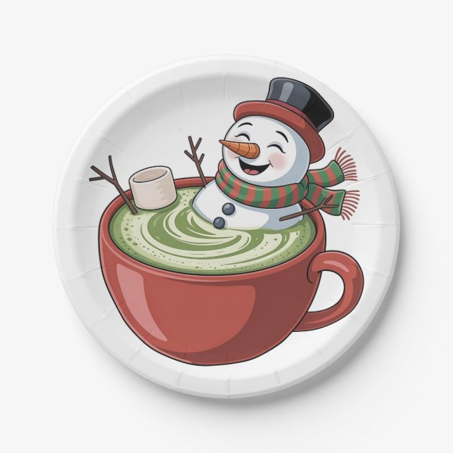 Prato De Papel Boneco de Neve no Banho de Matcha Natal Divertido  (Frente)