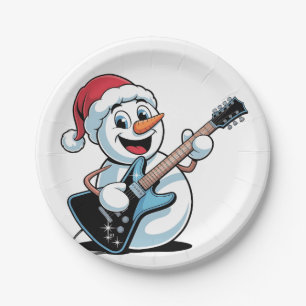 Prato De Papel Boneco de Neve Tocando Guitarra Elétrica Natal Pap