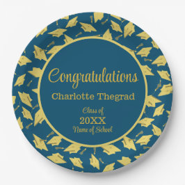 Prato De Papel Bonés de formatura Dourados tocados em azul person