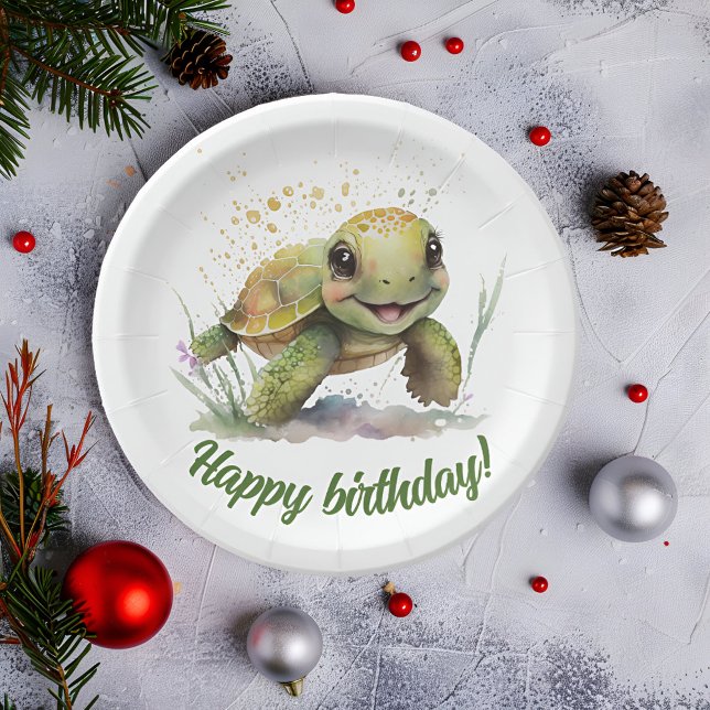 Prato De Papel Bonita e animada Tortura - Placas de Texto Editáve (Make your birthday slow and steady with our adorable tortoise paper plates! 🎉🐢 #BirthdayFun)