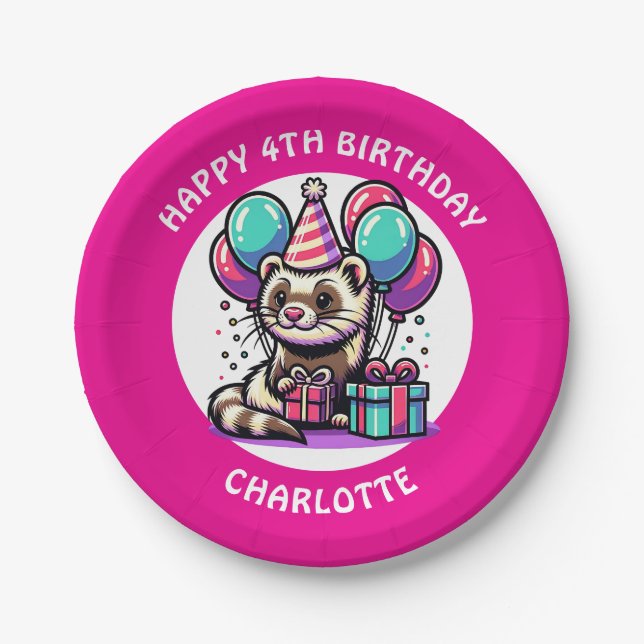 Prato De Papel Bonita Ferret Themed Girl é personalizada (Frente)
