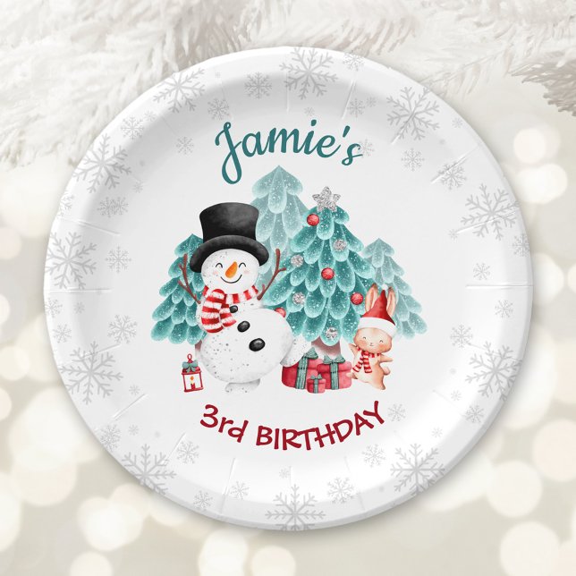 Prato De Papel Bonita Festa de aniversário de Natal Feliz (Cute Happy Snowman Christmas Birthday Party Paper Plates)