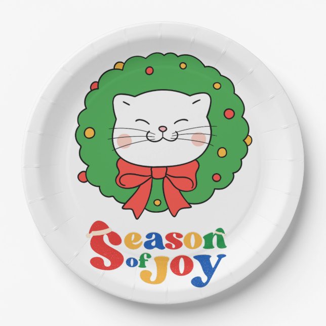 Prato De Papel Bonita Kawaii Cat Wreath Season of Joy (Frente)