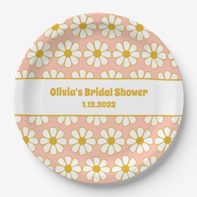 Prato De Papel Bonita margarida lisa, padrão de mostarda, rosa (Frente)