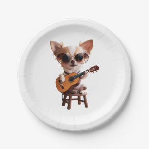 Prato De Papel bonitinho chihuahua tocando guitarra erguida fu