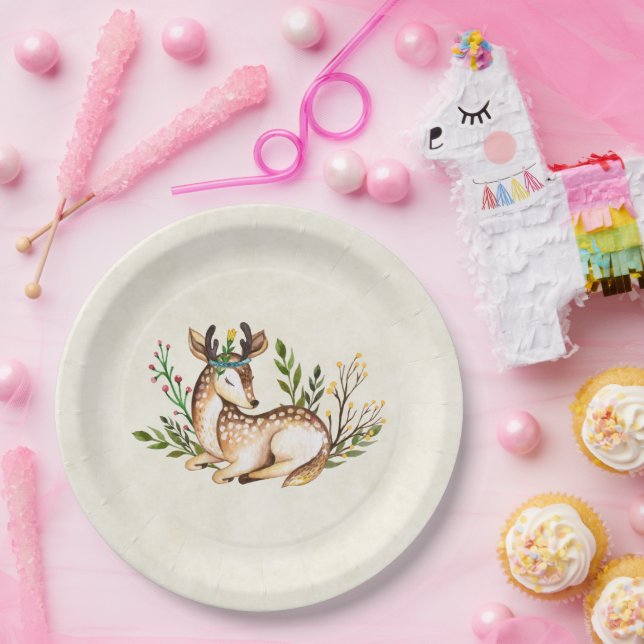 Prato De Papel Bonito Aquarela com veado para baixo (Festa)