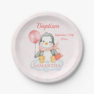 Prato De Papel Bonito Batismo Aquarela Bebê Pinguim Rosa