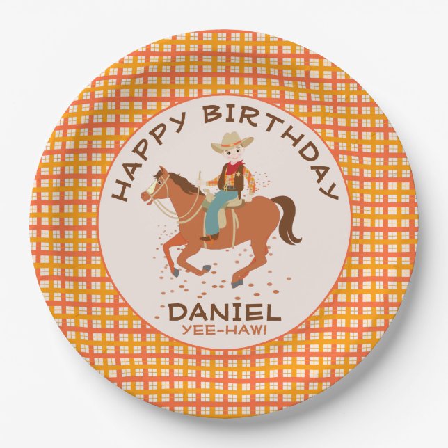 Prato De Papel Bonito cowby e Festa de aniversário (Frente)