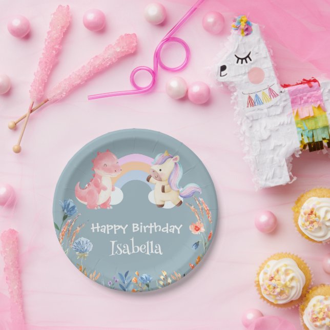 Prato De Papel Bonito Dinossauro Unicórnio Arco-Íris Crianças de  (Festa)