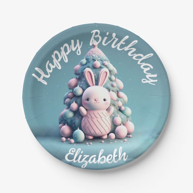 Prato De Papel Bonito, engraçado, coelho, estilo kawaii (Frente)