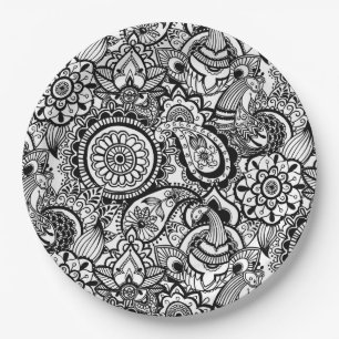 Prato De Papel Bonito floral paisley preto branco
